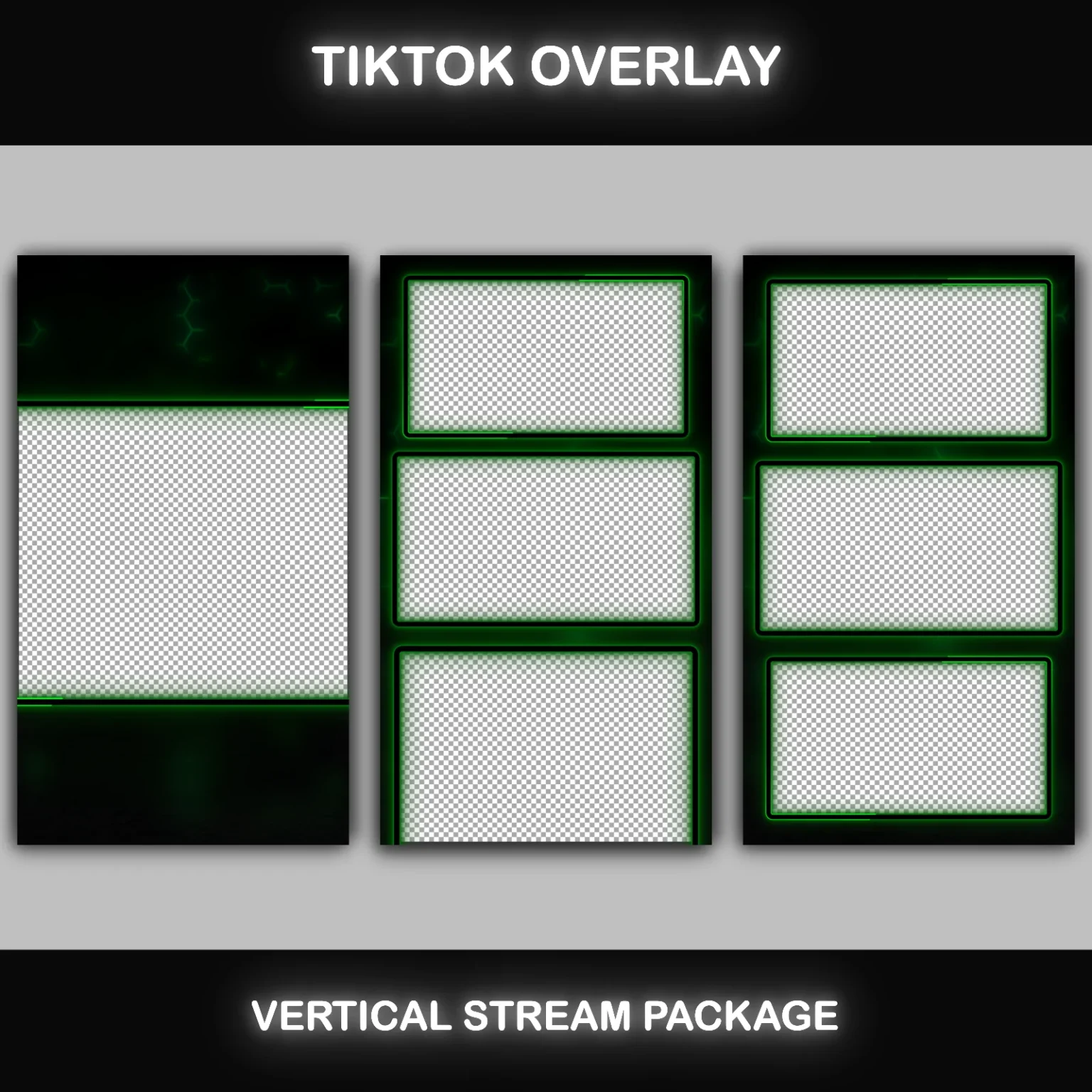 TikTok Live Overlay Pack - Animated Black and Green Neon 6 TikTok Live Overlay Animated Vertical Pack, Black and Green Dark Theme Stream Overlays, Vertical Stream Layout Template