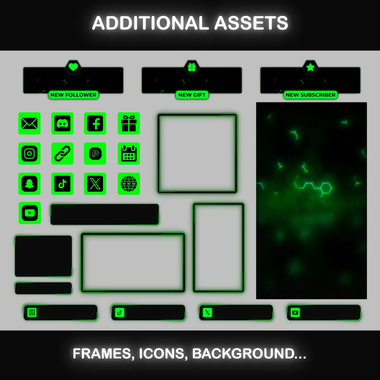 TikTok Live Overlay Pack - Animated Black and Green Neon 7 TikTok Live Overlay Animated Vertical Pack, Black and Green Dark Theme Stream Overlays, Vertical Stream Layout Template