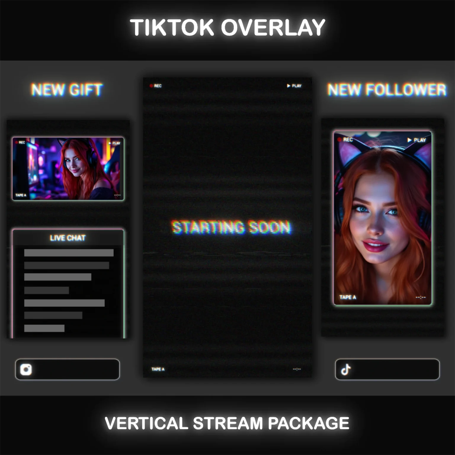 TikTok Live Overlay Package, Vertical Pixelated Retro TV VHS Style with Glitch Text Screens, Animated Stream Layout for Mobile Streaming