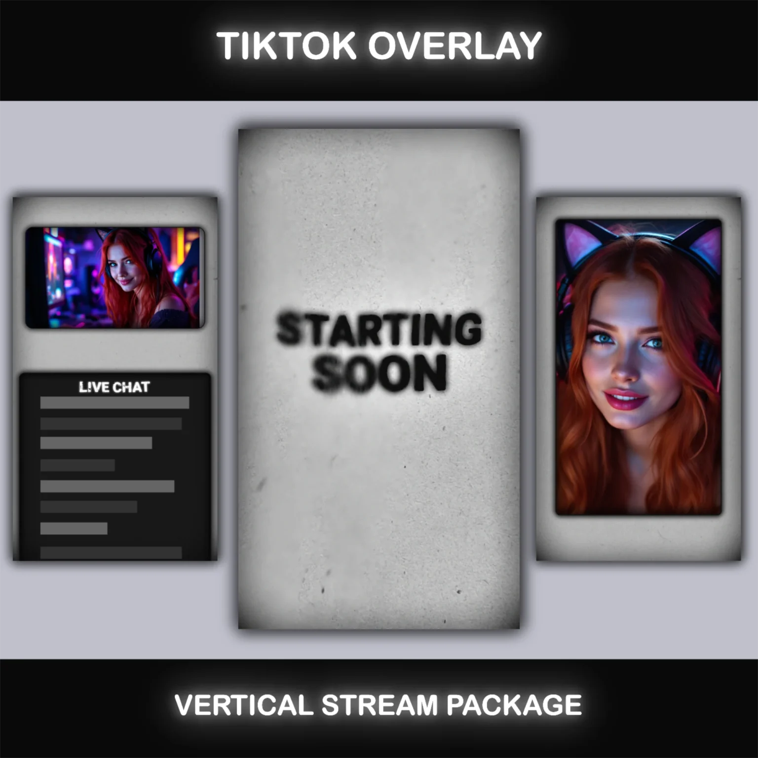TikTok Live Overlay Pack - Vertical Animated Black & White Grunge Stream Layouts 1 TikTok vertical overlay pack with grunge background, animated stream screens and multiple camera layouts
