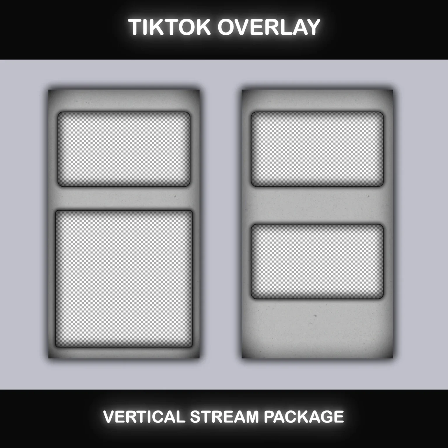 TikTok Live Overlay Pack - Vertical Animated Black & White Grunge Stream Layouts 4 TikTok vertical overlay with webcam frame and live chat panel in grunge style