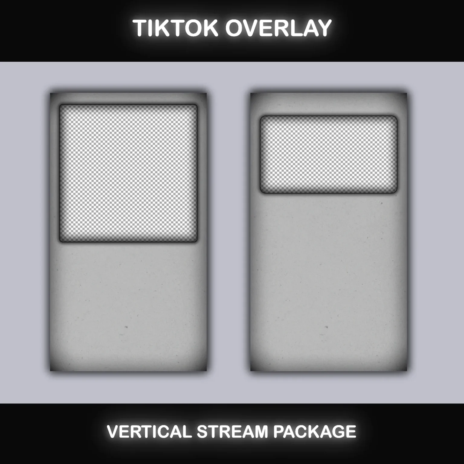 TikTok Live Overlay Pack - Vertical Animated Black & White Grunge Stream Layouts 5 Dual webcam TikTok overlay layout with white and black grunge background