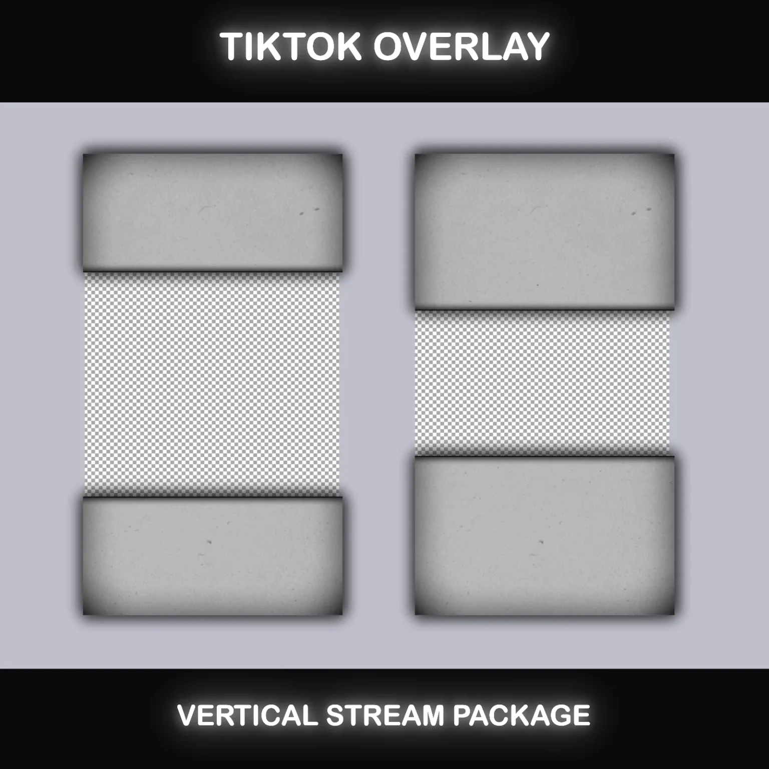 TikTok Live Overlay Pack - Vertical Animated Black & White Grunge Stream Layouts 7 TikTok overlay frames for top and bottom horizontal camera positions