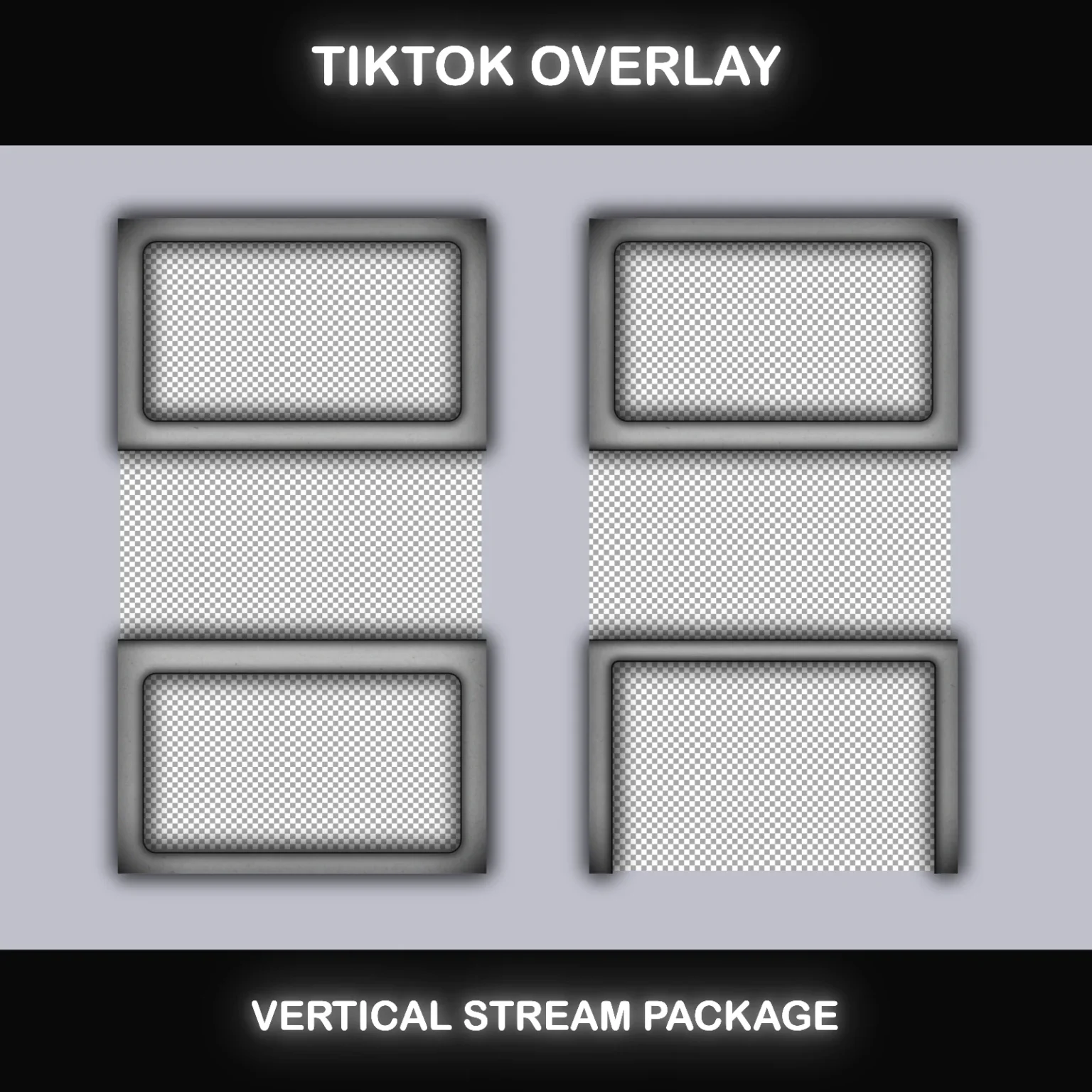 TikTok Live Overlay Pack - Vertical Animated Black & White Grunge Stream Layouts 8 TikTok overlay layout with two horizontal webcam frames in grunge style