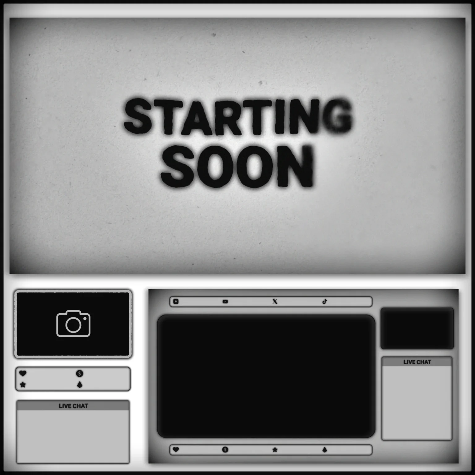 Twitch Overlay Pack - Animated Grunge Film Analog Cinema 1 Twitch Overlay Package, Animated Stream Overlay Pack, Grunge White Black Stream Layout, Light Minimalist Stream OBS Overlay Pack, Alerts, Webcam, Panels, Chatbox