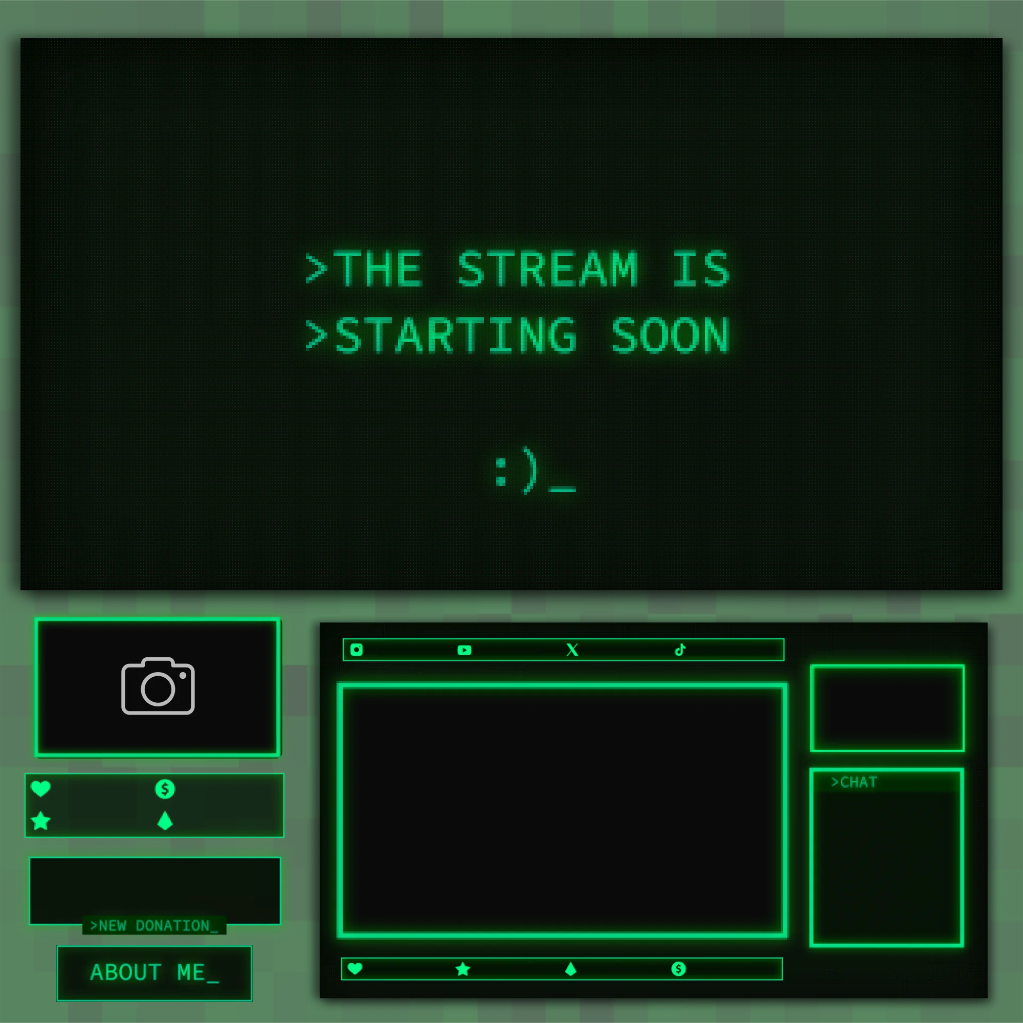 Retro CRT Twitch Overlay Package 1 Retro Twitch Overlay Package – Animated Green CRT Stream Overlays for OBS & Streamlabs, Pixel PC Layout Pack