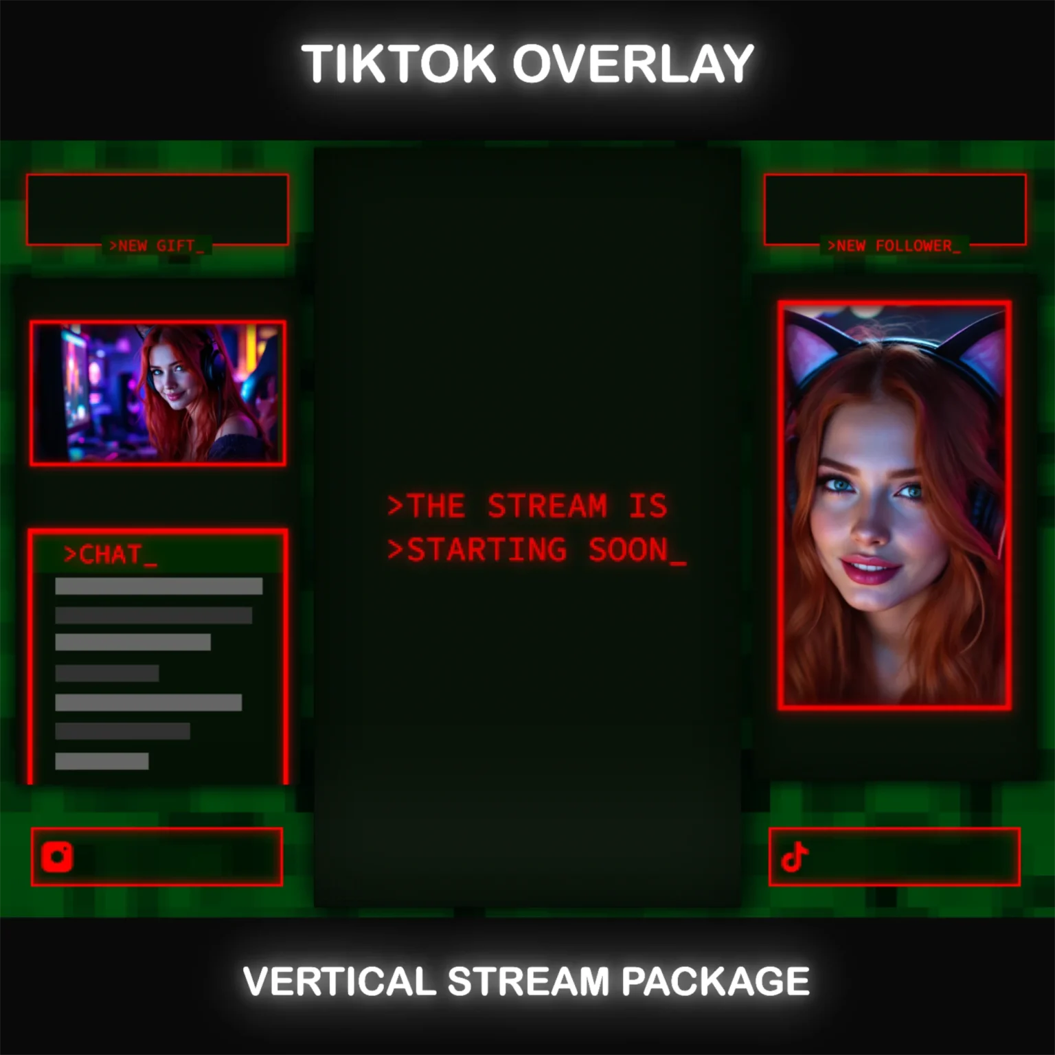 TikTok Live Overlay Pack, Animated Retro CRT Vertical Stream Layout, Neon Red Terminal Style Streaming Package