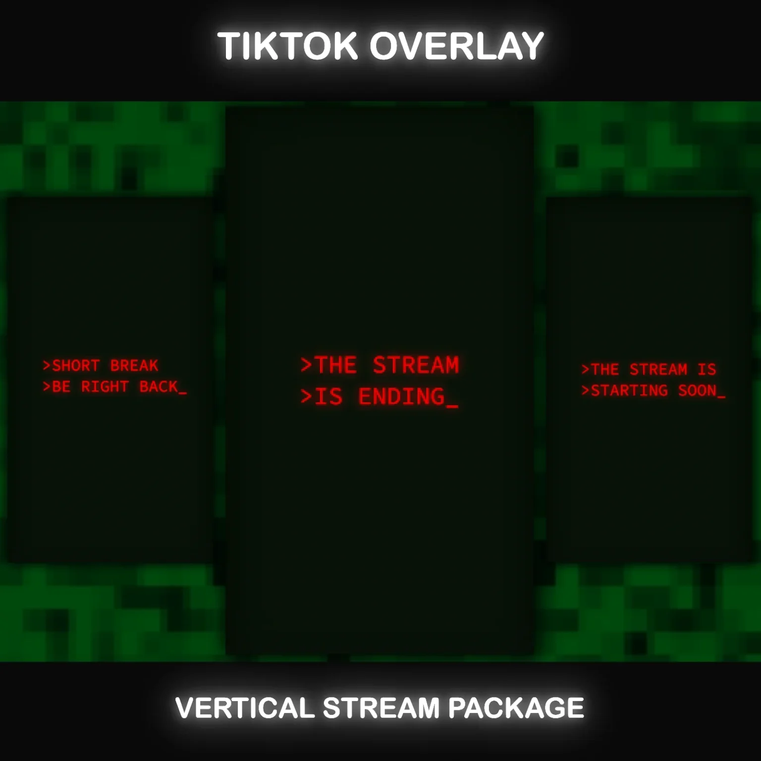 TikTok Live Overlay Pack, Animated Retro CRT Vertical Stream Layout, Neon Red Terminal Style Streaming Package