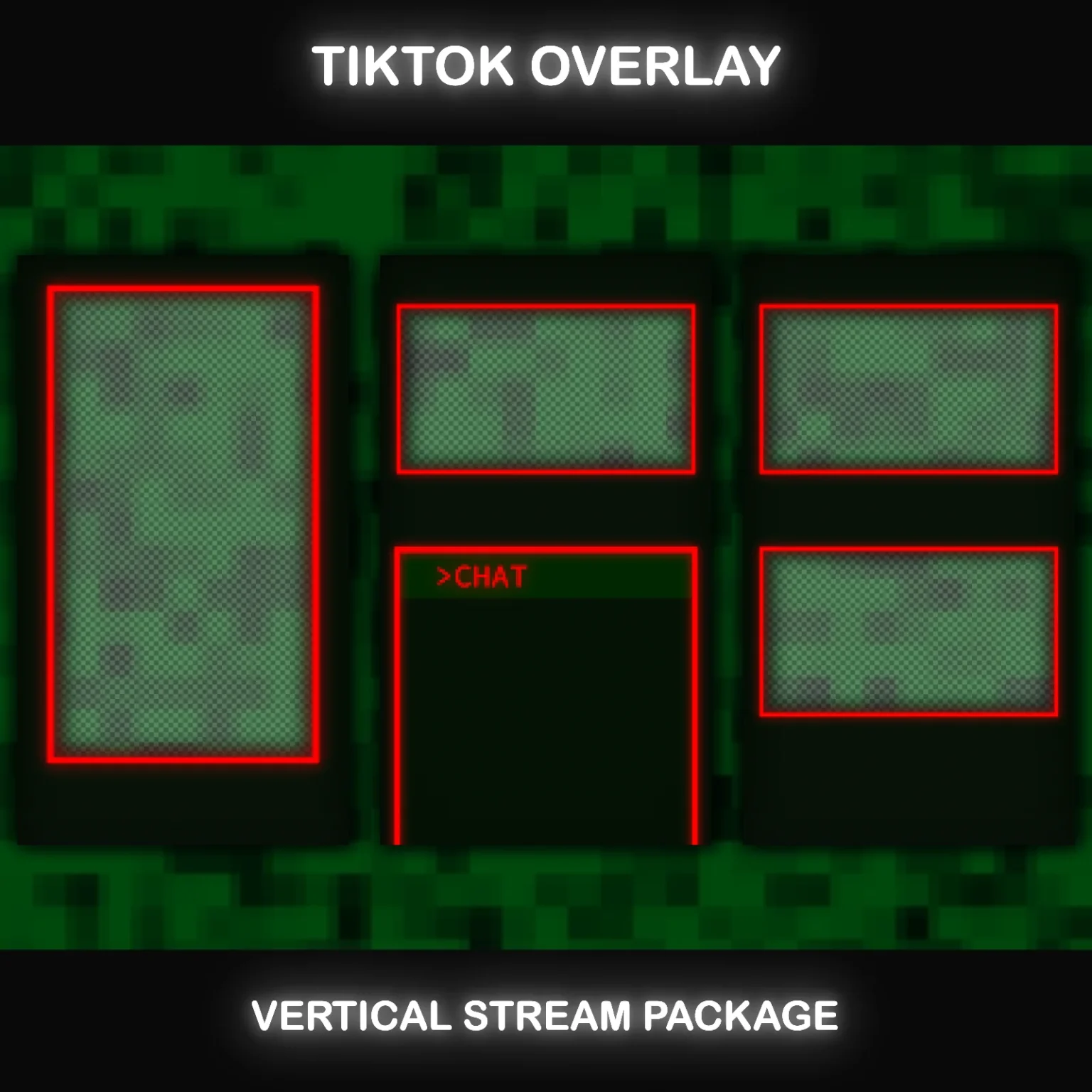 TikTok Live Overlay Pack, Animated Retro CRT Vertical Stream Layout, Neon Red Terminal Style Streaming Package