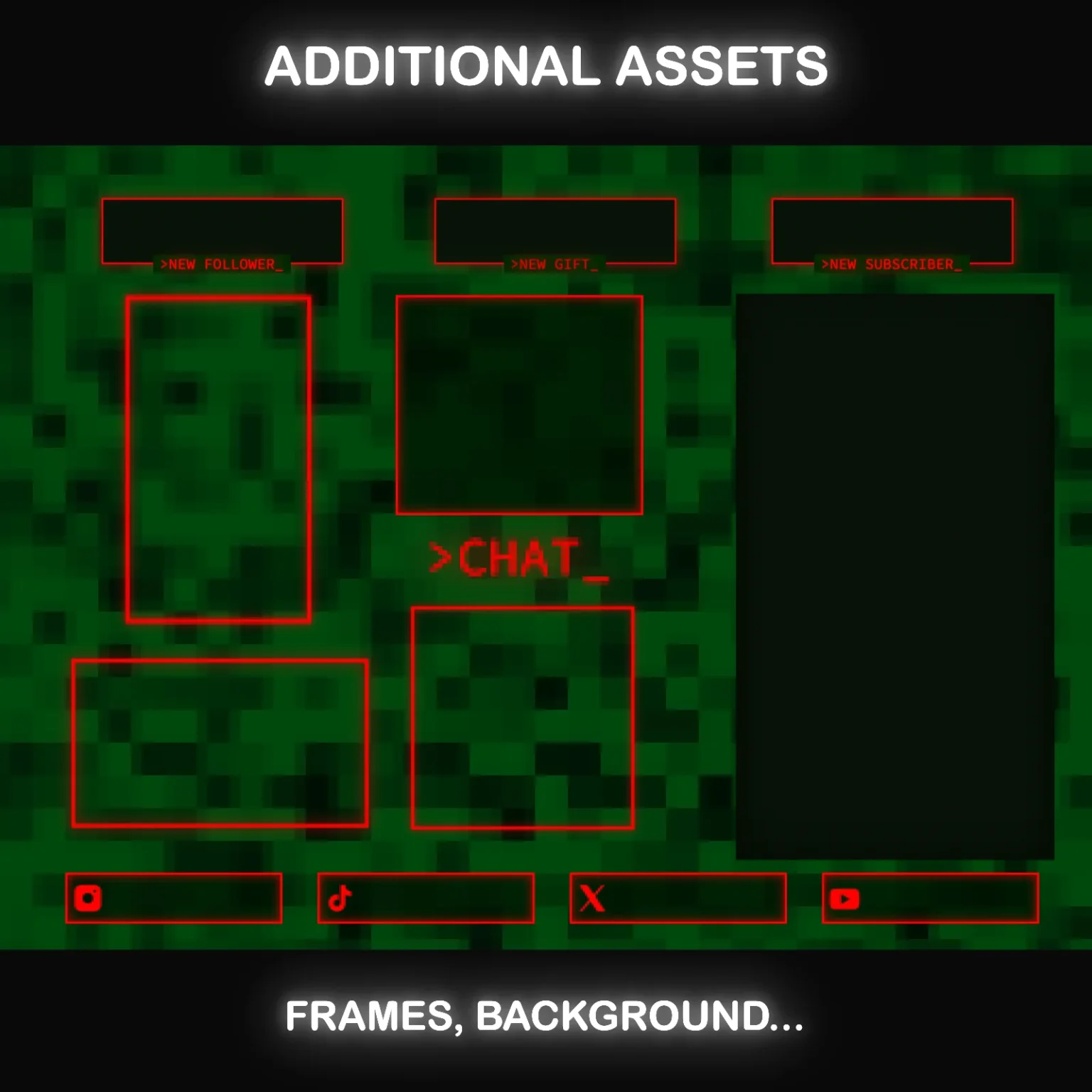 TikTok Live Overlay Pack, Animated Retro CRT Vertical Stream Layout, Neon Red Terminal Style Streaming Package