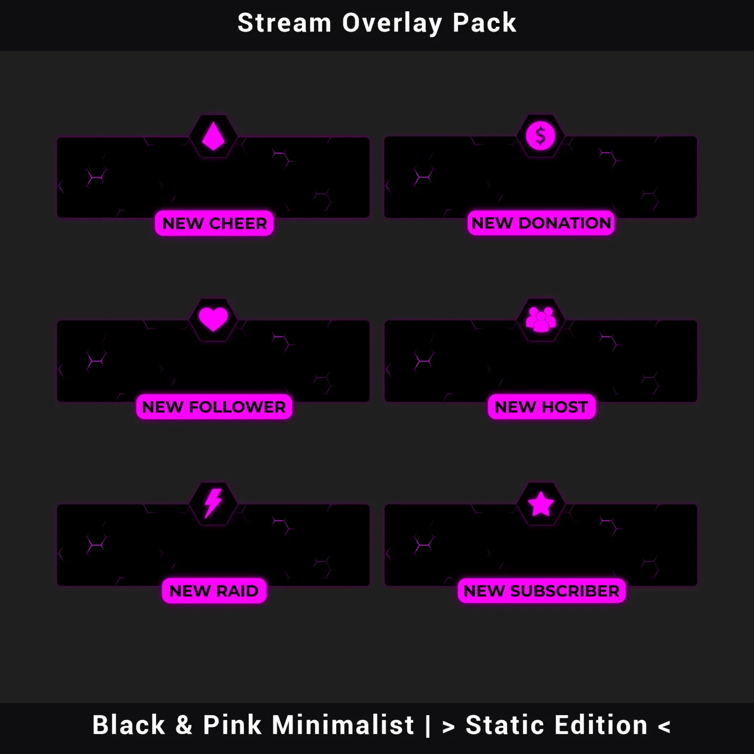Stream Overlay Pack - Black & Pink Minimalist, PNG Static Edition