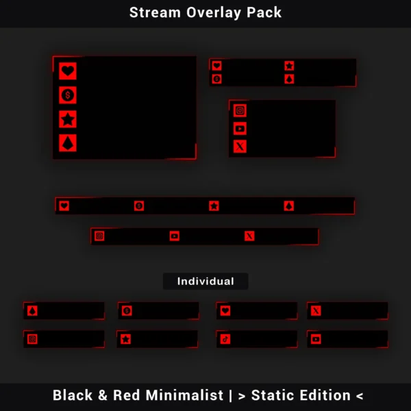 Stream Over Red Stream Overlay Pack – Black & Red Minimalist | Static Edition