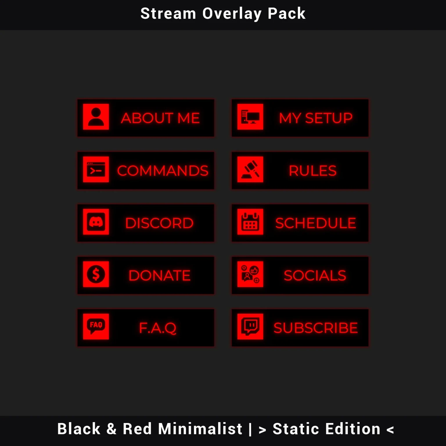 Stream Overlay Pack - Black & Red Minimalist | Static Edition 7 Stream Overlay Pack - Black & Red Minimalist - PNG Static Edition