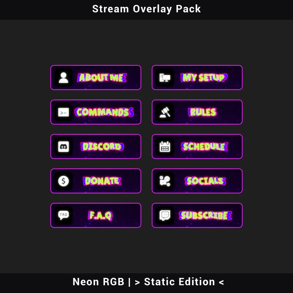 Stream Overlay Pack – Neon RGB Retro, PNG Static Edition