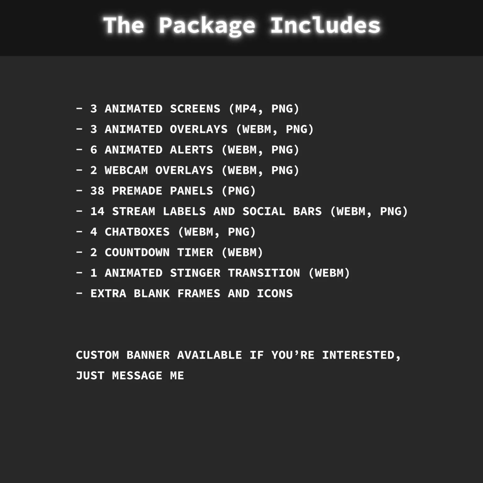 Twitch Overlay Pack - Animated Dark Grunge Minimalist 12 Stream package contents list. Text details included files: 3 animated screens, 3 overlays, 6 alerts, 2 webcam frames, 38 panels, 14 stream labels, 4 chatboxes, 2 countdown timers, and 1 stinger transition.