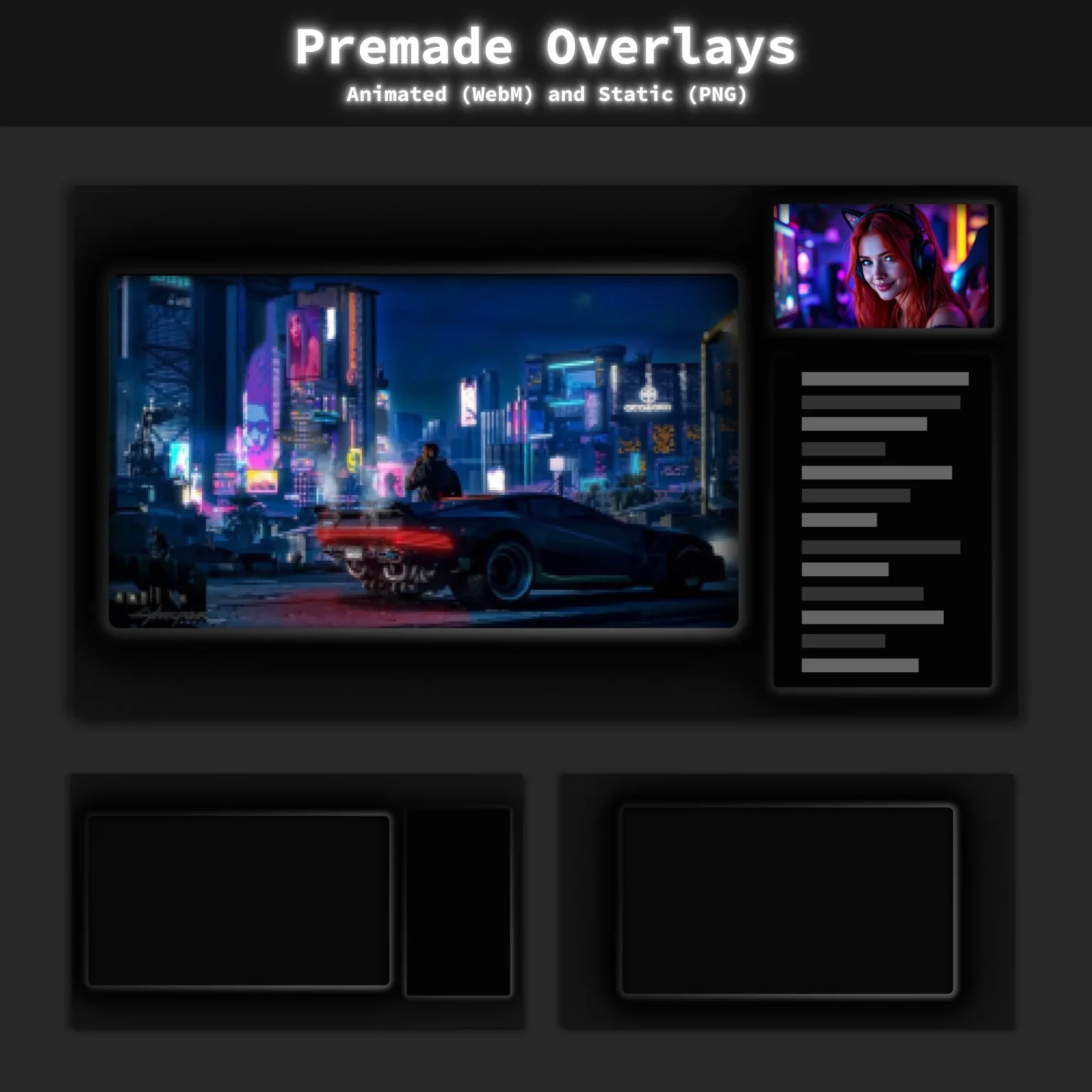 Twitch Overlay Pack - Animated Dark Grunge Minimalist 3 Full stream overlay layout example showcasing a gameplay window, chat box, webcam frame, and stream labels. Modular dark mode design arranged on a black background, suitable for gaming streams on Twitch and YouTube.