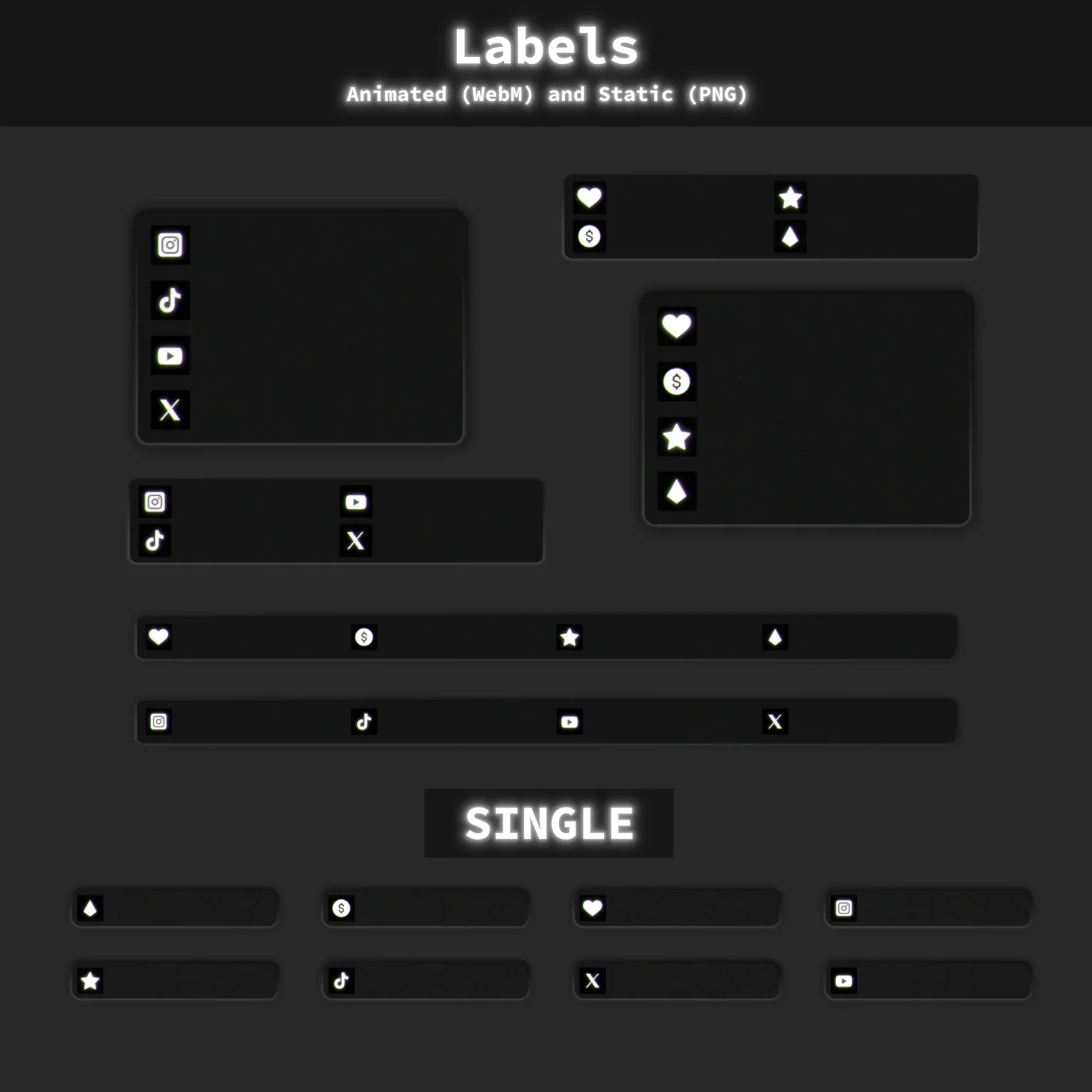 Twitch Overlay Pack - Animated Dark Grunge Minimalist 7 Collection of stream labels and social media bars. Includes animated bars for latest stats like followers and donations, plus individual social media icons for Instagram, TikTok, YouTube, and X. Minimalist dark style.
