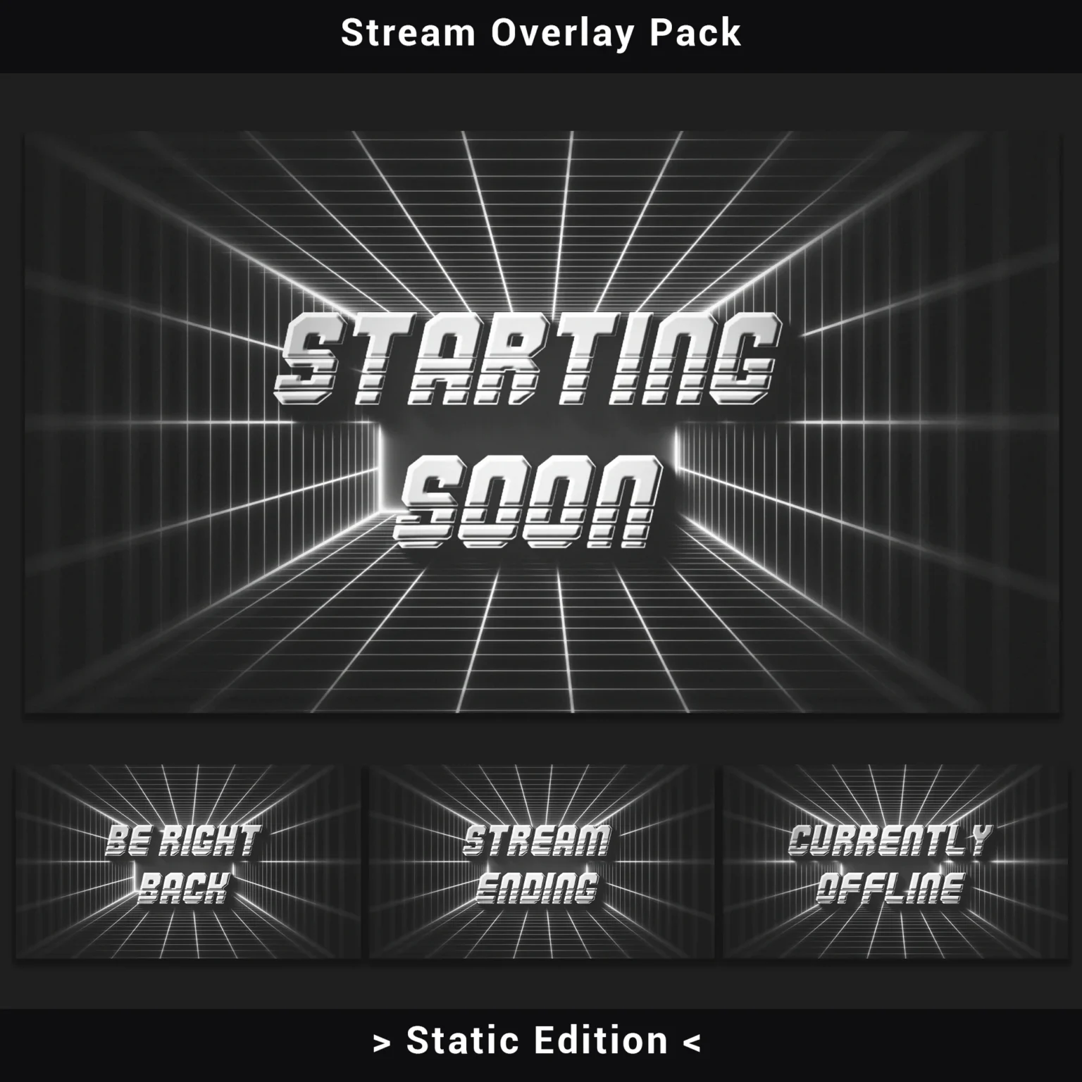 Twitch Overlay Pack: Retro Grid Monochrome (Static Edition) 2 Black and white stream screens set displaying "Starting Soon" and "Stream Offline" typography with minimalist grid pattern background in 1920x1080 PNG format