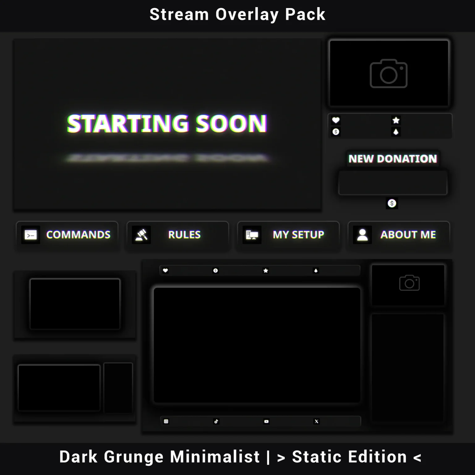Stream Overlay Pack - Grunge Minimalist (Static Edition) 1 Clean Dark Grunge Stream Overlay Pack Static Edition main cover showcasing matte gray minimalist design for OBS.
