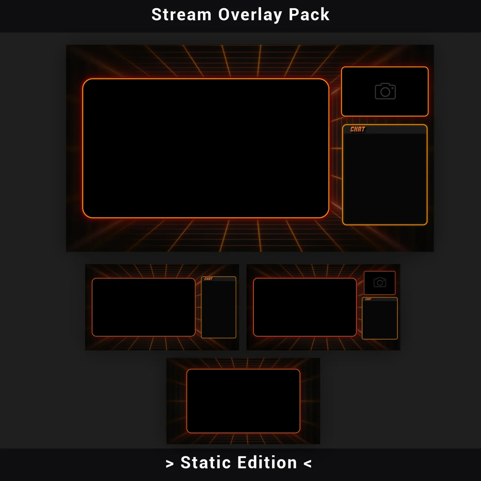Twitch Overlay Pack - Minimalist Retro Grid (Static Edition) 4 Four premade stream overlay layouts for Gameplay and Chatting scenes, shown with and without webcam placement, featuring minimalistic retro grid design with neon orange accents on a transparent background