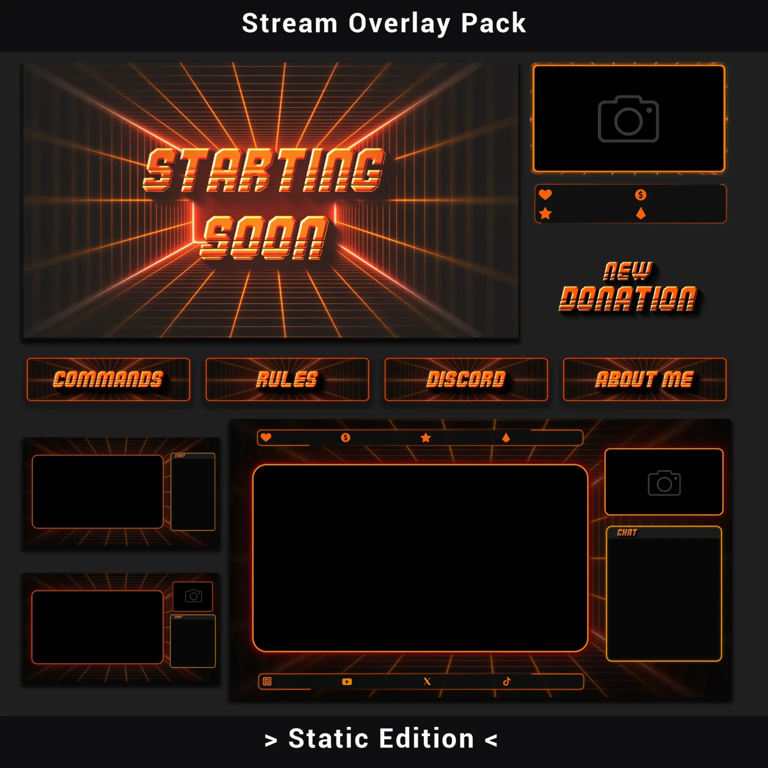 Twitch Overlay Pack - Minimalist Retro Grid (Static Edition) 1 This stream overlay pack combines minimalistic retro grid design with neon orange accents on a deep black canvas. 40+ assets cover every streaming scene — screens, alerts, panels, webcam frames, and chatbox overlays. Compatible with all major streaming software.
