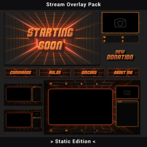 This stream overlay pack combines minimalistic retro grid design with neon orange accents on a deep black canvas. 40+ assets cover every streaming scene — screens, alerts, panels, webcam frames, and chatbox overlays. Compatible with all major streaming software.