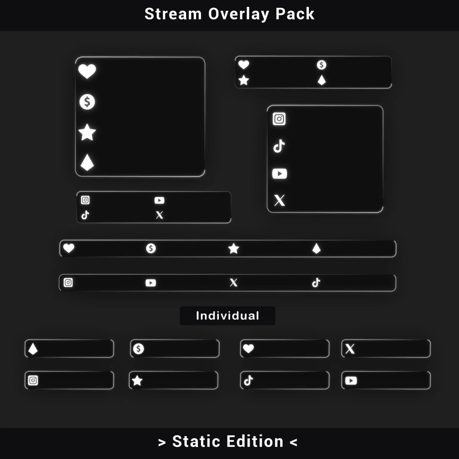 Stream label indicators for latest donation and subscriber alongside social media icons for Discord and YouTube in monochrome clean style